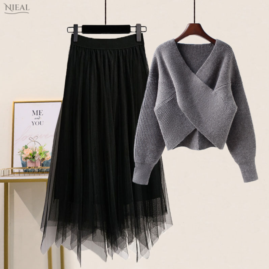 グレー/セーター+ブラック02/スカート