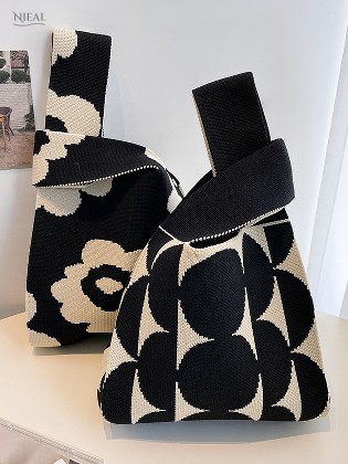 【スペシャル99】個性的なデザイン 2タイプ 花柄 韓国ファッション オープン ニット ハンドバッグ